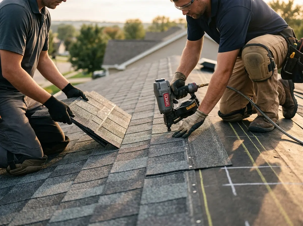 Professional roofer working on a residential roof in Fairport